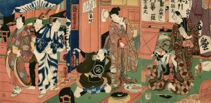 Утагава Кунисада - Тоёкуни III, 1786–1865 гг. Триптих "Семь актёров за сценой театра Кабуки", якуся-э (yakusha-e) - изображение актеров
